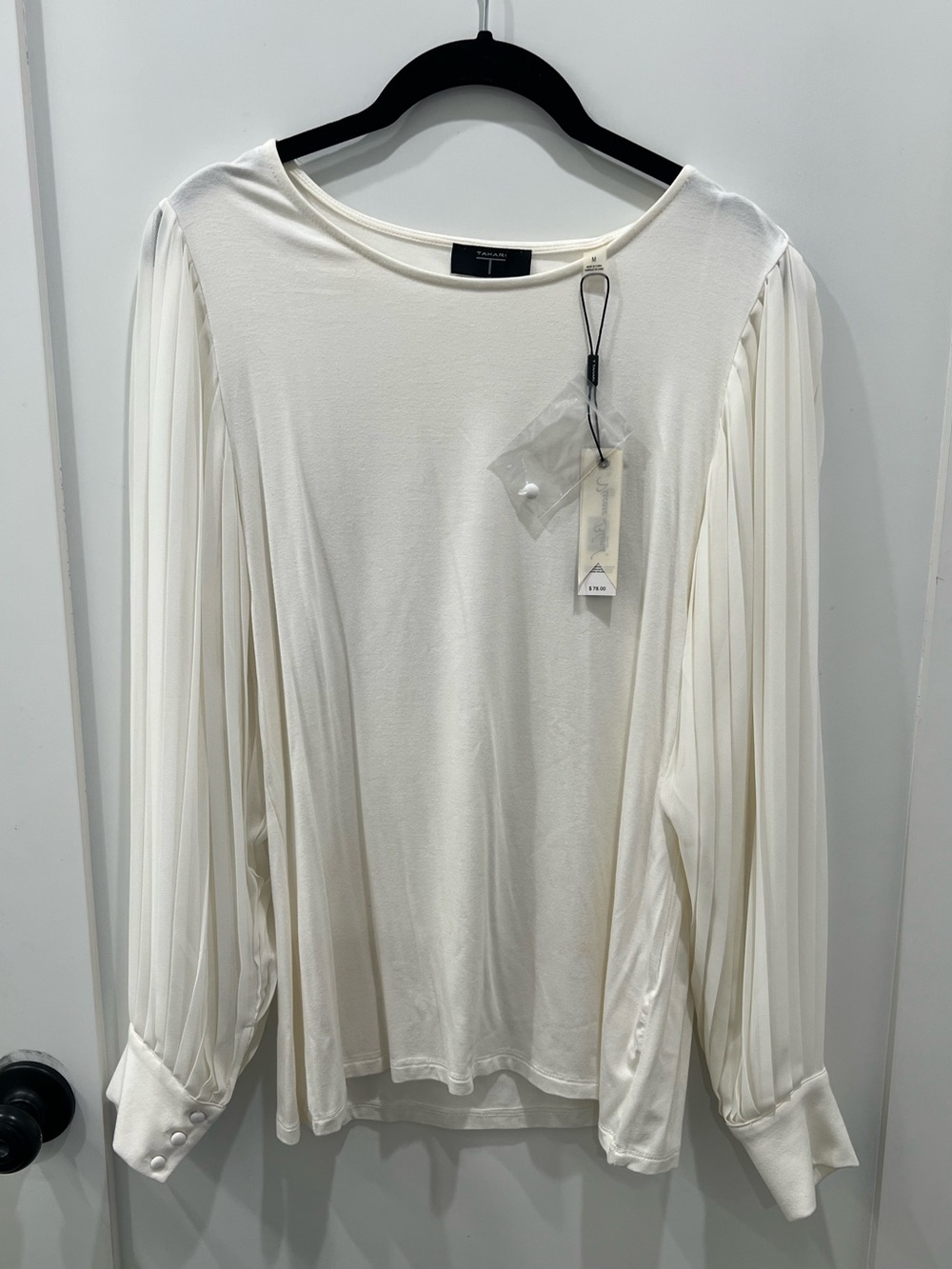 Tahari Women’s Viscose Blend Pleated Sleeve Long-Sleeve Top - Cream Size Medium